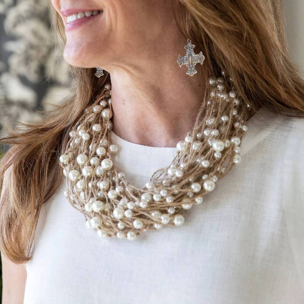NEW CROWN LINEN multi strand necklace in pearl